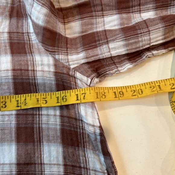 Crescent double gauze, brown and white plaid with striped trim blouse small - Picture 6 of 9